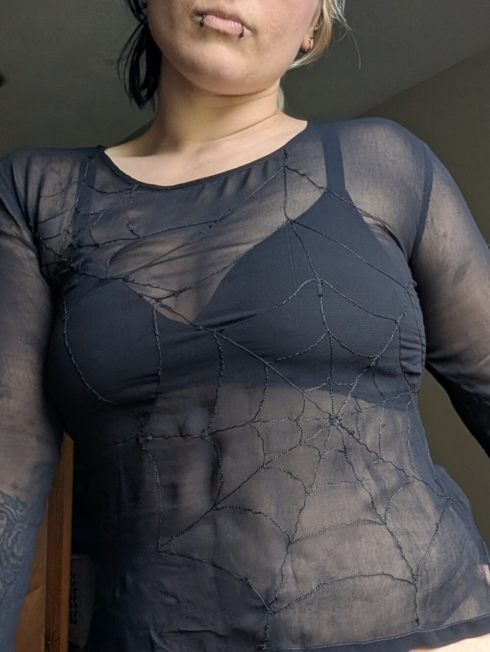 90s Morbid Threads Spiderweb Embroidery Vintage Hot Topic Sheer Black Top Large